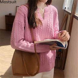 Twisted Knitted V-neck Pullover Women Full Sleeve Korean Fashion Sweaters Spring Solid Loose Female Tops 210513