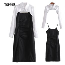 Fashion Two Piece Set Woman Dress Crop Tops and Camisole Hollow Out Chic Ladies Vestidos 210421