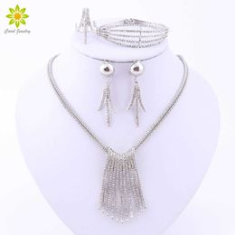 Wedding Jewellery Sets For Women Pendant Statement African Beads Crystal Silver Plated Necklace Earrings Bracelet Fine Ring H1022