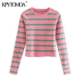 Women Fashion Striped Fitted Cropped Knitted Sweater O Neck Long Sleeve Female Pullovers Chic Tops 210420