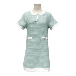 Tweed Plaid Dress Elegant Straight es Light Green Short Sleeve O Neck Button Office Lady Mini D1301 210514