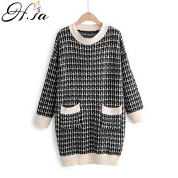 H.SA Fall Fashion Long Jumpers Oneck Elegant Plaid Loose Sweater Dress Knitting Pullovers sueter Mujer Pull Femme 210417