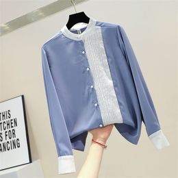 Spring Autumn Women's Blouse Korean Contrast Color Pleated Stand Collar Chiffon Shirt Long-sleeved Female Tops LL332 210506