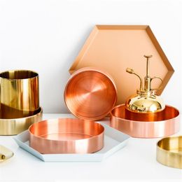 Kitchen Storage & Organization Nordic Copper Round Tray Desk Metal Organizer Rose Gold Jewelry Small Items Dishes Home Decor