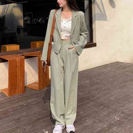 High Quality Green Loose 2 Piece Set Women Korean OL Blazer Coat And Wide Leg Pants Sets Fashion Casual Two Suits 210514