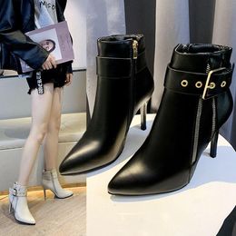 Boots Autumn Women 2021 Winter Sexy Stiletto Pointed High Heel Ankle Belt Buckle Side Zipper Fashion