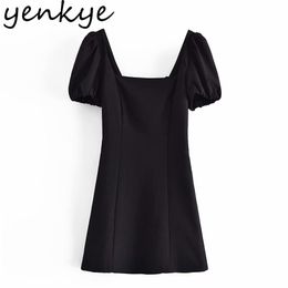 Vintage Black Linen Dress Summer Women Sexy Backless Lacing Puff Sleeve Square Neck Vestido Mujer Party Short Dresses 210514