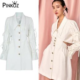 white midi dress for women summer spring holiday chic French elegant crystal buttons long sleeve puff lace up dresses za 210421