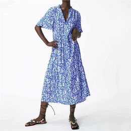 Women Summer Vintage Loose Dress ZA Short Sleeve V-Neck Floral Print Female Elegant Fashion Street Dresses Vestidos Clothes 210513