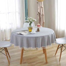Striped Round Tablecloth Tassel Tea Cover Picnic Cloth Blue Background Pink Decor Waterproof Oilproof 210626