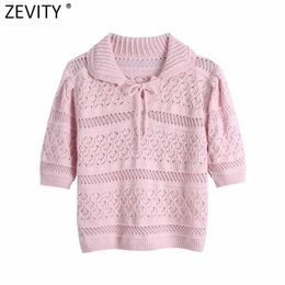 Women Sweet Turn Down Collar Bow Tied Hollow Out Jacquard Knitting Short Sweater Female Chic Casual Pullovers Tops SW710 210416