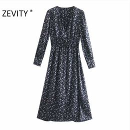 Zevity Autumn Women Fashion V Neck Floral Print Casual Slim A Line Shirt dress Office Ladies Chic Elastic Waist Vestido DS4539 210603