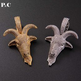 Animal Goat head Pendant Hip Hop Colour Zircon Necklace Iced Out Cubic Zirconia Fashion Jewellery For Men X0509