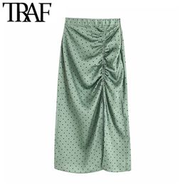 Women Vintage Elegant Polka Dot Pleated Midi Skirt Fashion Elastic Waist Side Zipper Slit Female Skirts Chic Faldas Mujer 210507