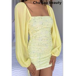 Fashion Summer Women Holiday Style Floral Print Mini Dress Ladies Casual Chic Chiffon Long Sleeve Slim Dresses Female 210508