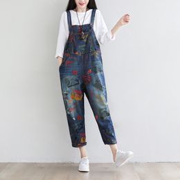 Johnature Full Length Retro Print Pockets All-match Denim Jumpsuits Autumn Korean Simple Comfortable Women Jumpsuits 210521
