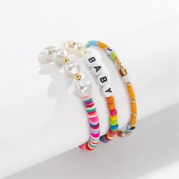 Imitation Pearl Splicing Beaded Strands Bracelets Women Soft Pottery Acrylic Baby Letter Hand Jewelry Sets European Female Multi Layer Mixed Color Chains