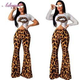 Leopard Print Two Piece Set Women Casual Short Sleeve T-Shirt Crop Top + High Waist Flare Pants Suit Outfit Tracksuit