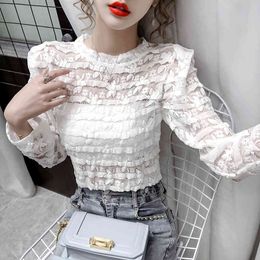 JXMYY autumn new temperament hollow crochet round neck pullover bubble long sleeve slim shirt blouse women 210412