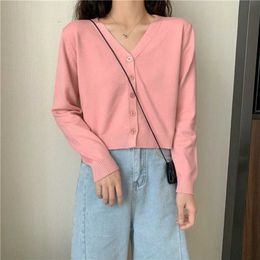 Pink Cardigan Womens Long Sleeve Cropped Sweater Fashion Knitted Womens Clothing Solf V-neck Tops Green 211103