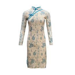 Spring Autumn Women's Dress French Long Sleeve Lace Improved Cheongsam Slimming Thin Female es GX195 210507