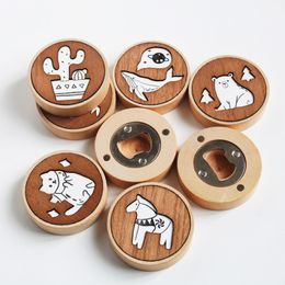 Cartoon style Wooden Round Shape Bottle Opener Coaster Fridge Magnet Decoration Beer Bottle Opener Wholesale LX4360