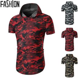 Camouflage Hole Hooded Arc Hem Men's Short Sleeve T-shirt Men Hoodies Pullover T Shirts 2021 Summer Wear Casual Print1