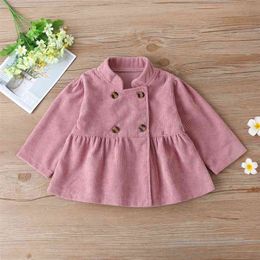 Winter Children Casual Cotton Long Sleeve Double-breasted Pink Solid Baby Girls T-shirt 0-2T 210629