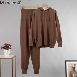 Mozuleva Women Knitted Two Piece Tracksuits Autumn Winter Cashmere Thicken Hooded Sweater and Harem Pants 2 Piece Set Outfits 211126