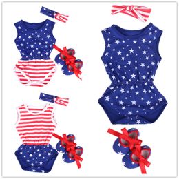 American Flag Baby Girl Bodysuits First Walker Headband 3pcs Suit Newborn Jumpsuit Clothes Set Cotton Star Boy Summer Outfit USA 210413