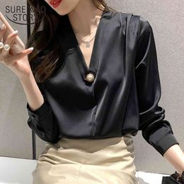 Casual Plus Size V Neck Shirts Puff Sleeve Satin Women Blouse Tops Blusas Mujer De Moda Solid Colour Clothing 13932 210415