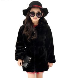 Girls Faux Fur Coat Winter Long Sleeve Hooded Warm Jacket Imitation Rabbit Fur Long Coat For Kids 8-13 Year Soft Outwear CL1043 211023