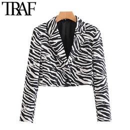 TRAF Women Fashion Zebra Print Cropped Blazer Coat Vintage Long Sleeve Animal Pattern Female Outerwear Chic Tops 210415