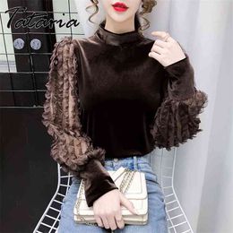 Women Tops And Blouses With Lace Vintage Golden Velvet Lantern Long Sleeve Shirt Elegant streetwear Fashion tops spring 210514