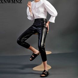 XNWMNZ Za women faux leather skinny fit trousers black High-waist faux leather trousers with invisible side zip fastening 2020 Q0801