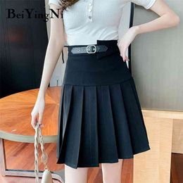 Pleated Mini Skirts Womens Belted High Waist Black Casual Sexy Lining Korean Style Short Skirt All-match Streetwear 210506