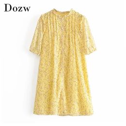 Women Loose Floral Print Chiffon Mini Dresses Summer Ruffle Pleated Shirt Dress Ladies Short Sleeve Casual Sundress 210515