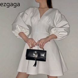 Ezgaga Elegant Dress Women Korean V-Neck Solid High Waist Long Puff Sleeve Solid Temperament Party Dress Sexy Ladies Vestidos 210430