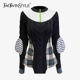TWOTWINSTYLE Casual Patchwork Plaid Sweater For Women Turtleneck Puff Long Sleeve Hit Color Knitted Tops Female Autumn 210517