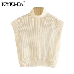 Women Fashion With Shoulder Pads Cropped Knitted Sweater High Neck Sleeveless Female Pullovers Chic Tops 210420