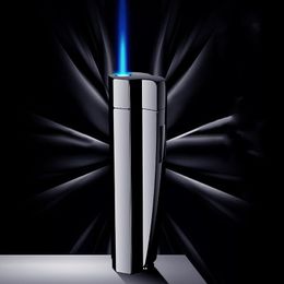 2021 New Metal Windproof Cigarette Torch Cigar Lighter Side Press Ignition Jet Lighter Blue Flame Refillable Butane Gas Lighters Gadgets