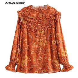 Autumn Bohemian Orange Floral Print Shirt Ethnic Women Spliced Hollow Out Lace Ruffles Long Sleeve Blouse Tops Cotton 210429