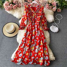 Spring Autumn Style Long-sleeved French Waist Big Over-the-knee Long Skirt Ruffled V-neck Bow Floral Dress UK443 210507