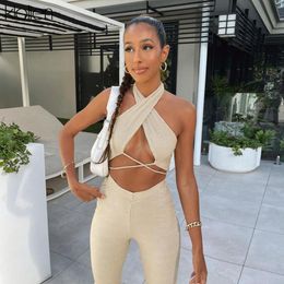 KLALIEN Sexy Hollow Out Bandage Camisole Trousers Two Piece Set Women 2021 Summer Party Vacation Beach Solid Rib Knit Suit Lady X0428