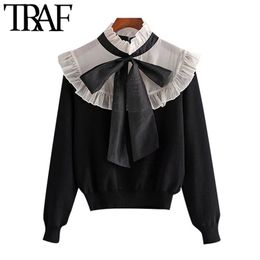 Women Fashion Organza Patchwork Ruffled Knitted Sweater Vintage High Collar Bow Tied Female Pullovers Chic Tops 210507