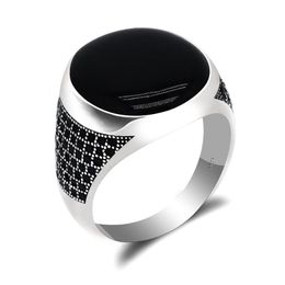 Cluster Rings Pure 925 Sterling Silver Man Ring With Oval Black Enamel Thai Women Male Fine Jewellery Couple Gift Simple Design