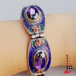 Antique collection Cloisonne Bracelet inlaid with sapphire Tibetan silver bracelet bracelet