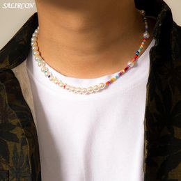 Boho Multicolor Beads Imitation Pearl Necklace For Women Men Kpop Vintage Aesthetic Strand Chain On The Neck Fashion Accessories Pendant Nec