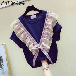 MATAKAWA Summer Korean Ruffled woman tshirts Lace-up Bowknot Loose T-shirt Simple Cotton Short Sleeve Tshirt Women's Top 210513