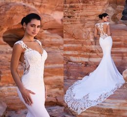 Sexy Deep V Neck Mermaid Wedding Gowns 2021 Beach Boho Lace Appliques See Through Buttons Back Elegant Satin Bridal Dress Court Train Plus Size robes de mariée AL9255